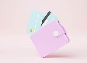 Leather wallet with credit cards inside icon on pink background, finance money saving concept, shopping online payment transfer, graphic web elements design, 3D rendering illustration