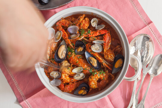 Shrimp, mussels clams and crab soup.