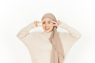 Showing Peace or Victory Sign Beautiful Asian Woman Wearing Hijab Isolated On White Background