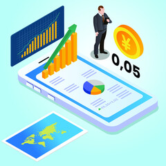 Yen currency exchange trading 3d isometric vector illustration concept for banner, website, landing page, ads, flyer template