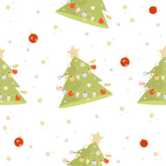 Seamless New Years pattern. Christmas tree with balls and garlands on a White background with stars. Vector illustration. For holiday decor, design, print, packaging, wallpaper and kids collection