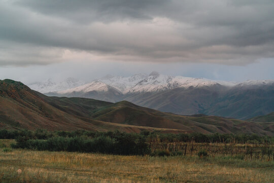 Scenic view of mountains in Kyrgyzstan in summer 