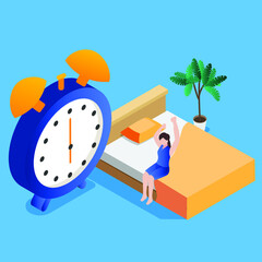 Happy woman stretching after waking up 3d isometric vector illustration concept for banner, website, landing page, ads, flyer template