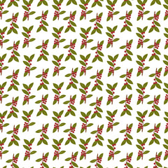 Christmas seamless pattern with red berries and leaves on white background.