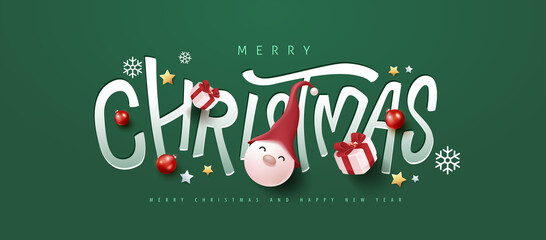 Merry Christmas and happy new year banner decorate with paper cut typography and festive decoration