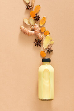 Golden turmeric milk with ingredients