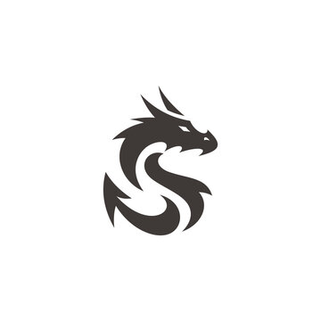 Flat dragon silhouette, dragon illustration vector logo in black and white color