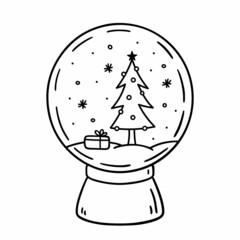 Glass snow globe isolated on white background. Festive toy decorated with a Christmas tree and snowflakes inside. Vector hand-drawn illustration in doodle style. Perfect for holiday designs, cards.