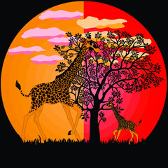 silhouette of a giraffe with its cubs in the wilderness, vector landscape in the desert with a giraffe, orange and red background