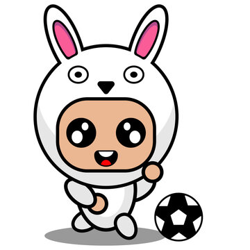 vector cartoon character cute bunny animal mascot costume playing soccer