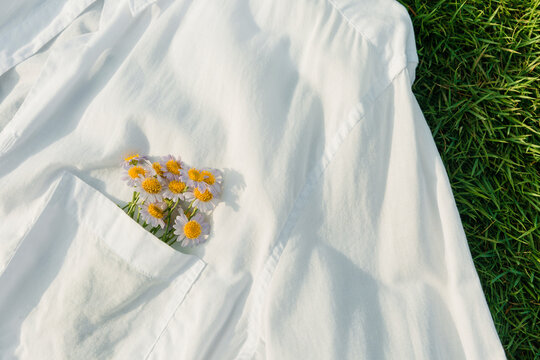 Close-up of flowers in white shirt pocket.