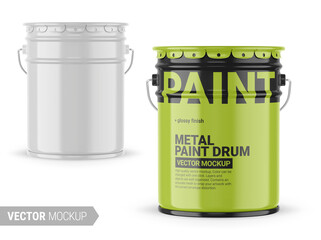 White glossy metal paint bucket mockup. Vector illustration.