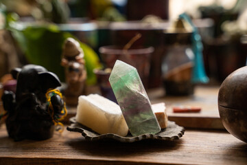Therapeutic crystals on table