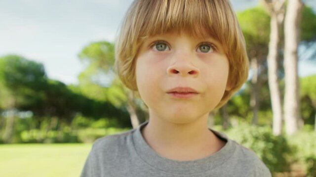 Portrait of a cute boy with blue eyes playing outdoors. Close-up of a little blonde-haired kid within lush green garden and tall trees, with his father in the background. High quality 4k footage