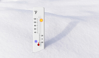 White fahrenheit scale thermometer in the snow. Ambient temperature minus 20 degrees