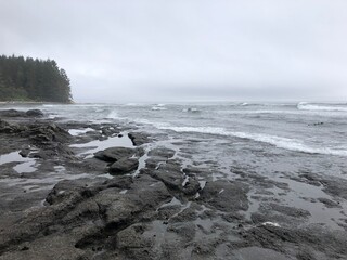 Big waves at Botanical Beach, BC. Stormy pacific ocean near Port Renfrew in Vancouver Island, Canada