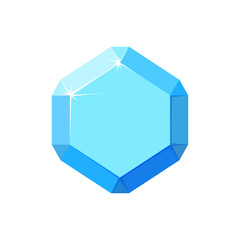 Hexagon blue gemstone. Brilliant or quartz top view. Cartoon vector illustration isolated in white background
