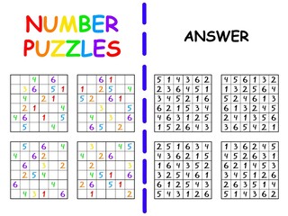 Sudoku set six by six with answer vector illustration. Educational number puzzles with solution colorful printable worksheet for children vector