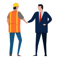 worker and boss deal handshake congratulate labor deal employment issue project construction with helmet protection