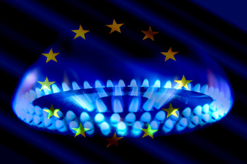 Flagge der EU und eine Gas Flamme