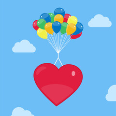 Fototapeta na wymiar Heart shape hanging from helium balloons, floating and soaring in the sky.