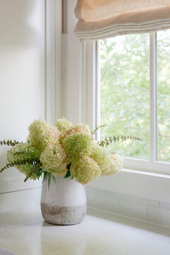 Limelight hydrangeas arranged in pottery
