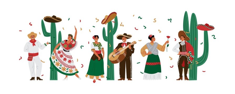 Mexican male and female characters in colorful traditional national clothing.