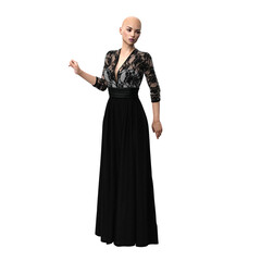 Woman in beautiful black evening gown, 3D Rendering, 3D Illustration