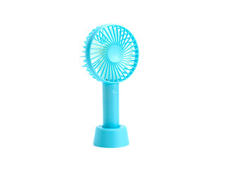 blue mini electric portable fan isolated on a white background. - obrazy, fototapety, plakaty