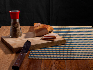 Morning breakfast in the chalet, natural food of shepherds from their own products, close-up.