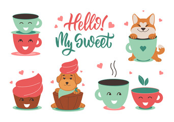 The set of cartoon cups and dogs in love. The sweet puppies with quote and cupcake
