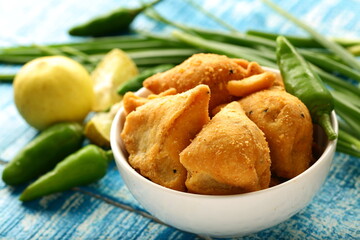 Homemade Indian meat chicken samosa. famous street foods of India.,