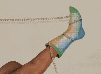 Female legs  tangled with telephone wire