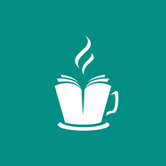 open book as a hot cup of coffee with steam. Reading club, book club, hobby logo logo