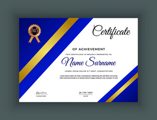 Fototapeta na wymiar Blue gradient certificate of achievement design best diploma award with badge
