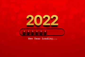 Fototapeta na wymiar New year loading concept. 2022 and christmas ball on luxury red background with bokeh and loading bar. 3d rendering illustration