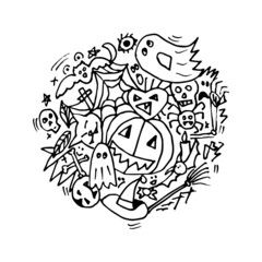 Doodle halloween circle illustration. Vector black lineart.