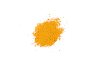 Dry turmeric powder isolated on white background.Close-up of powder orange color turmeric.top view.