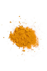 Dry turmeric powder isolated on white background.Close-up of powder orange color turmeric.top view.