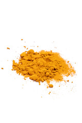 Dry turmeric powder isolated on white background.Close-up of powder orange color turmeric.top view.