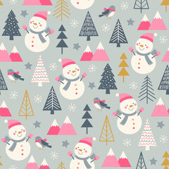 Cute snowman and pine tree seamless pattern for new year and christmas holidays.