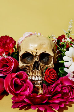 skull in a bunch of flowers