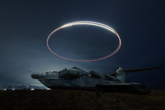 mystic airplane lit by the drone