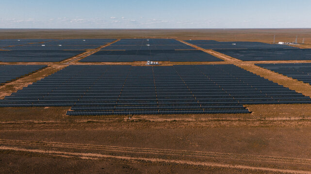 Overhead view of solar energy modules in a  row