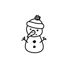 Outline, funny snowman. Vector illustration, perfect for Christmas cards, decorations, invitations, banners, labels, discounts. 