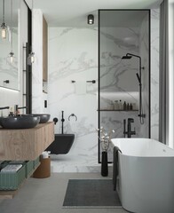 3d rendering of marble bathroom with bathtub and shower