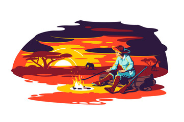 Character sit near fire in savanna