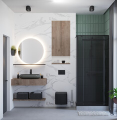 3d rendering of marble bathroom with green mint tile
