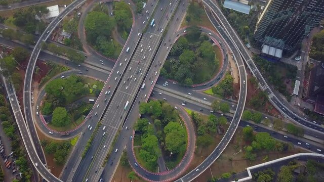 Aerial view of the new Semanggi road intersection in Jakarta, Indonesia. Shot in the misty morning