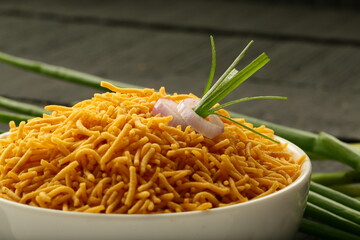 Delicious and spicy Indian savory snack food namkeen, mixture.